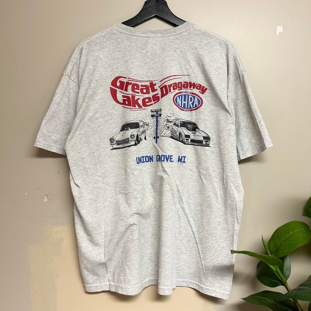Vintage 00s NHRA Great Lakes Dragaway Racing Car Shirt Mens XL Grey Gildan